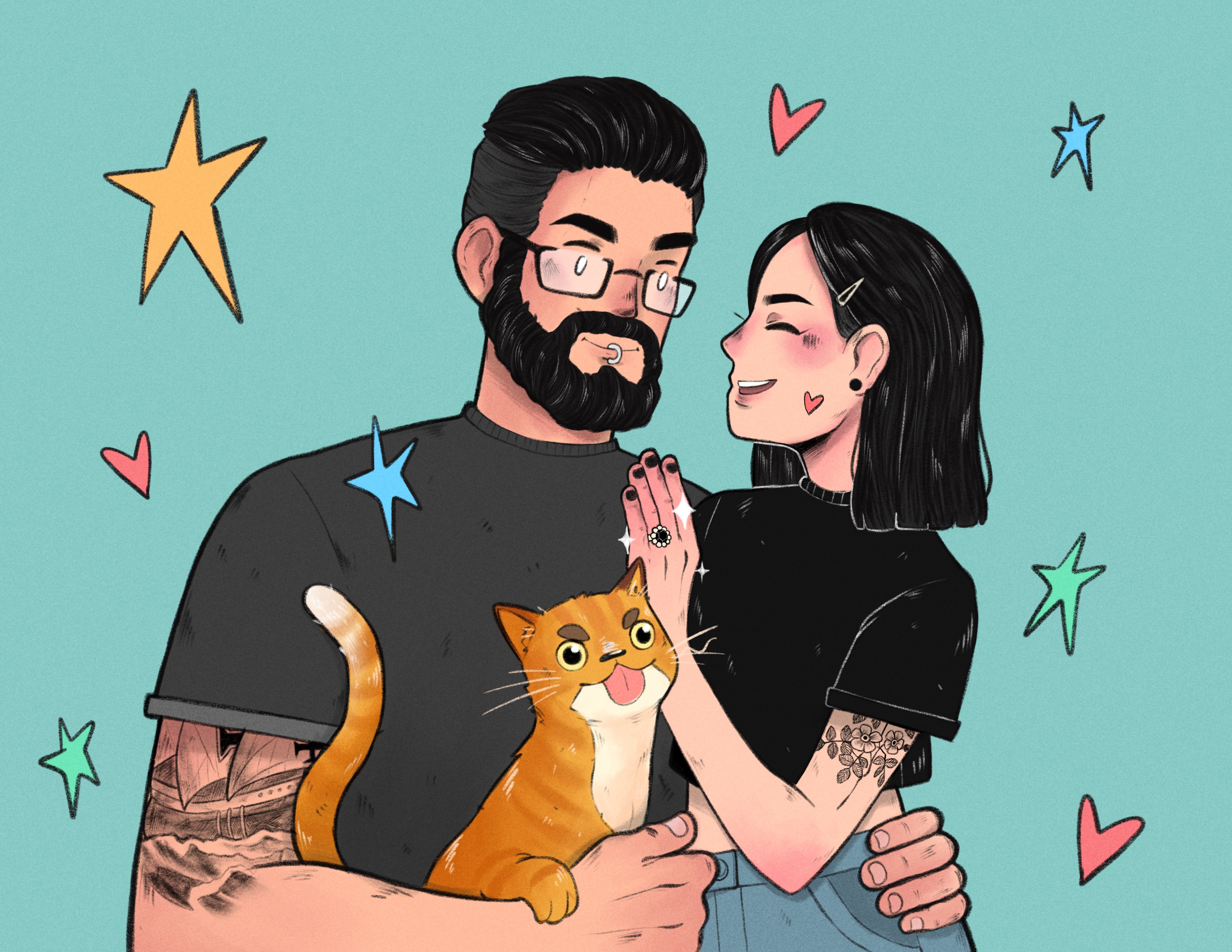 Sousa, his fiance, and his orange cat